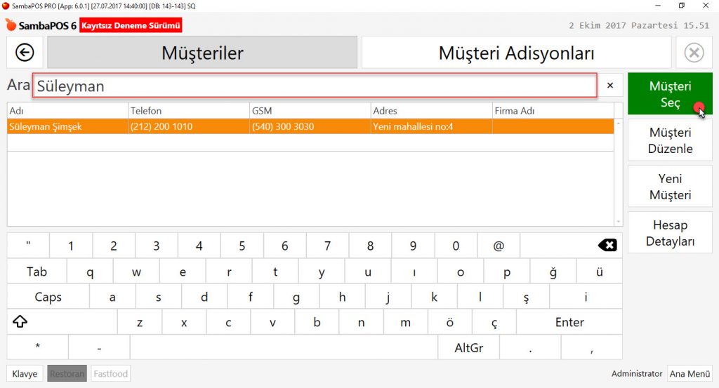 5.1.9.d. Masa veya Adisyona Müşteri Nasıl Seçilir?