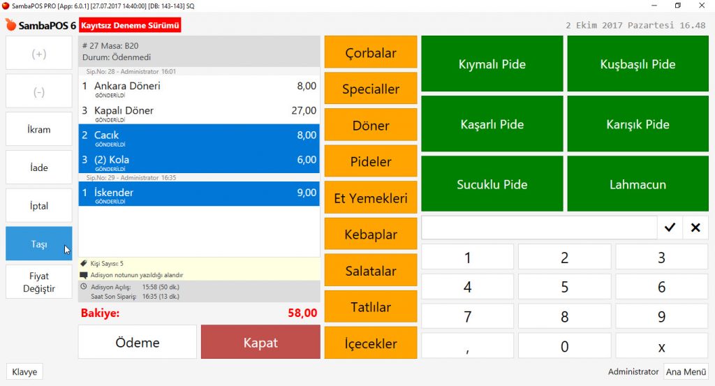 5.1.3.b. Adisyon Bölme ve Ürün Taşıma Nasıl Yapılır?
