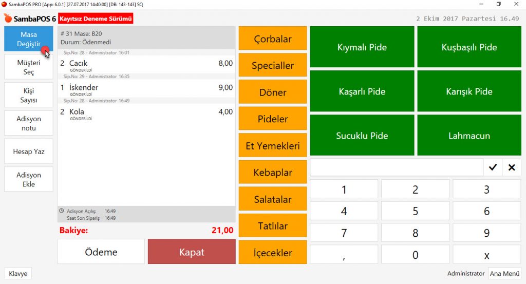 5.1.3.b. Adisyon Bölme ve Ürün Taşıma Nasıl Yapılır?