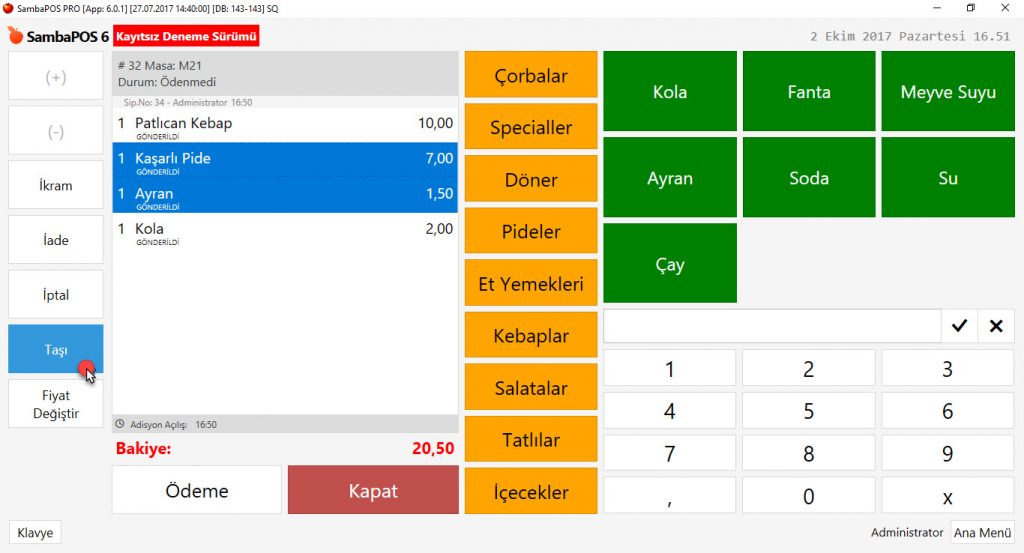 5.1.3.b. Adisyon Bölme ve Ürün Taşıma Nasıl Yapılır?