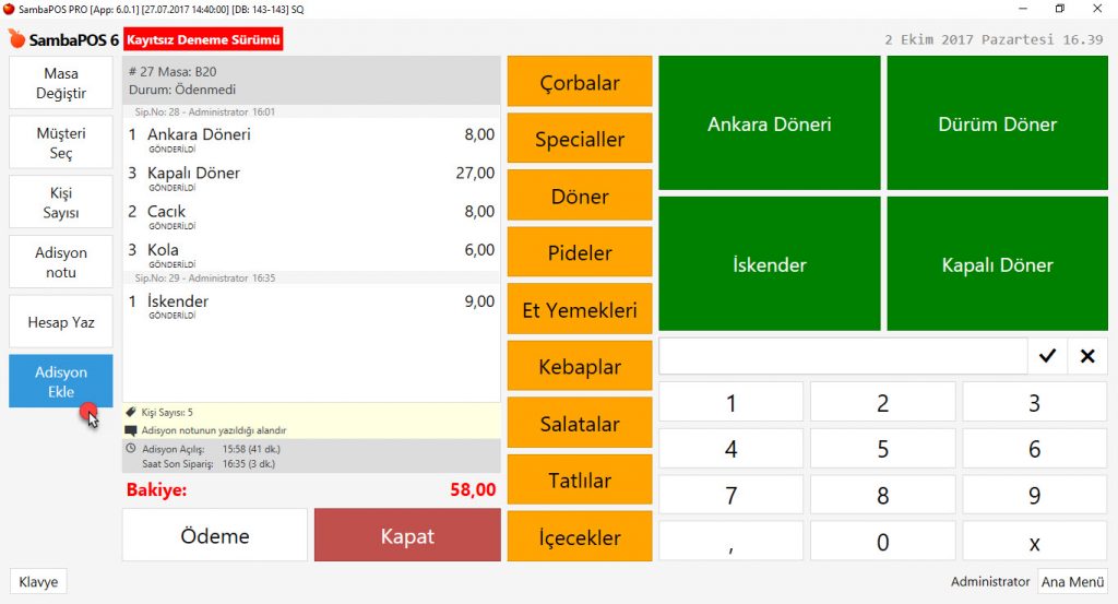 5.1.3.d. Masaya Yeni Bir Adisyon Nasıl Eklenir?