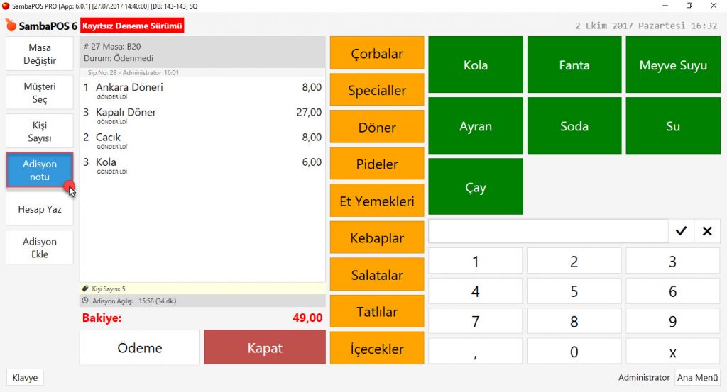 5.1.7. Adisyona Not Nasıl Yazılır? Siparişe Not Nasıl Yazılır?