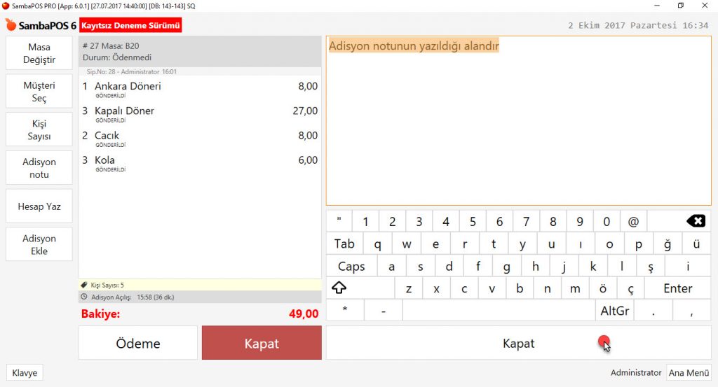 5.1.7. Adisyona Not Nasıl Yazılır? Siparişe Not Nasıl Yazılır?