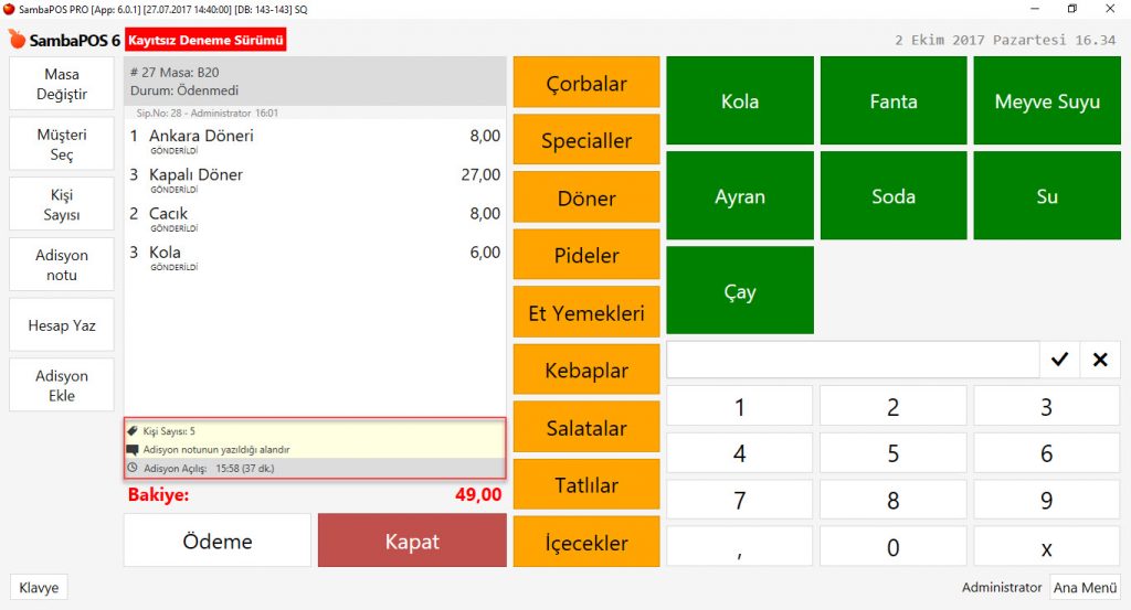 5.1.7. Adisyona Not Nasıl Yazılır? Siparişe Not Nasıl Yazılır?