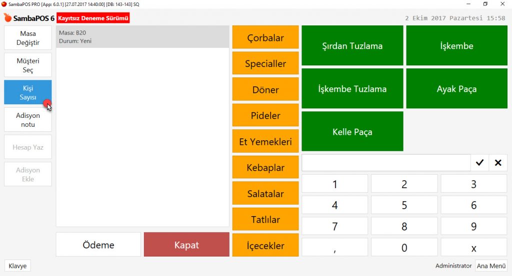 5.1.9.a. Adisyona Kişi Sayısı Nasıl Seçilir?