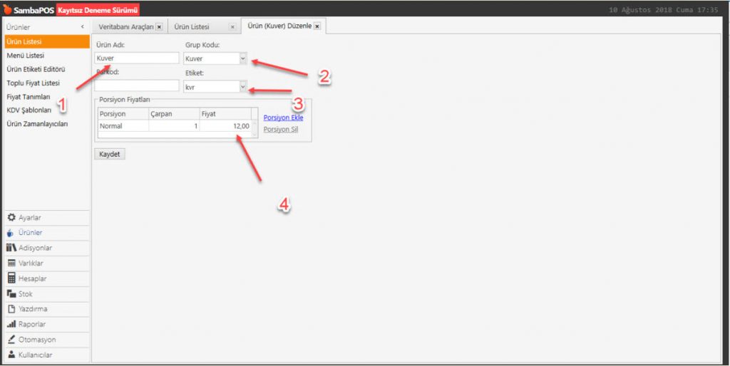 5.1.9.b. Adisyona Kuver Nasıl Eklenir?